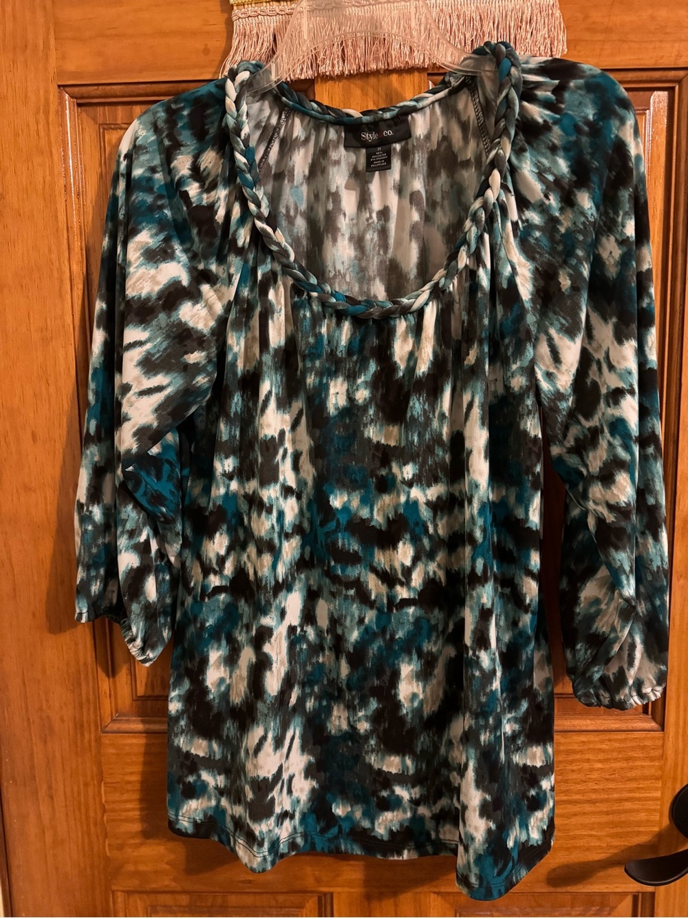 Style & Co. Teal Black White Braided-Neck Blouse